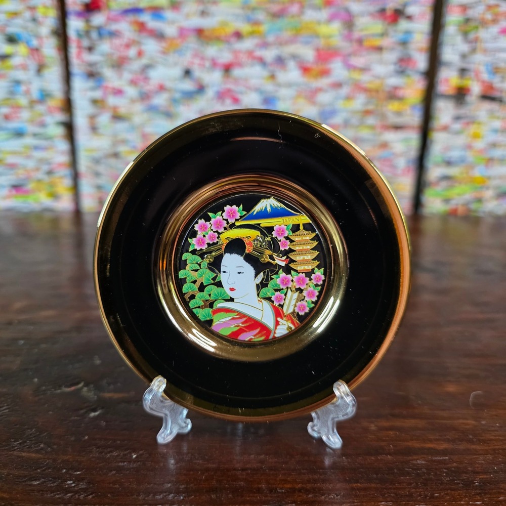 Vintage Art of Chokin Geisha Plate Gold Silver Gilded Japan Decor 3.75 inch